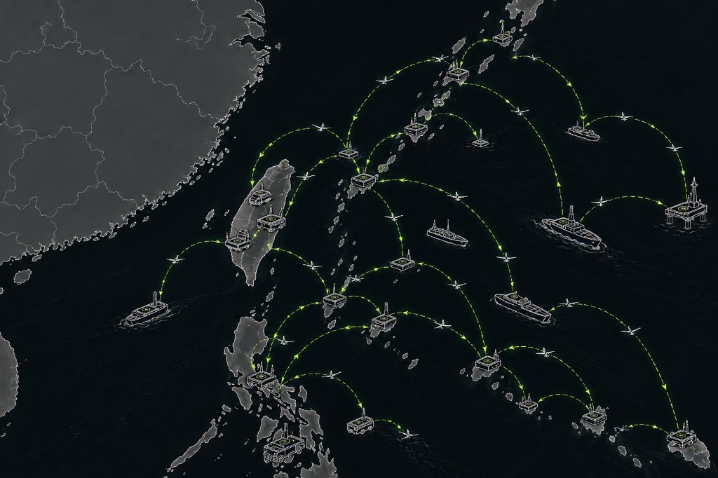Multi-domain ArcDeck logistics network spanning land, sea, and island nodes across a theater